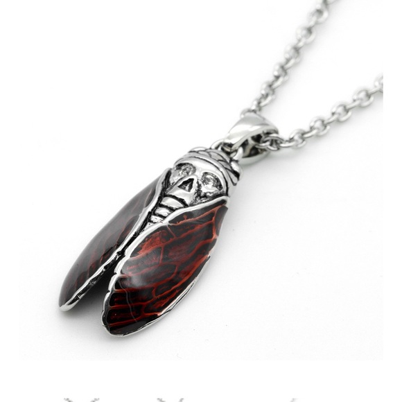 Skull Cicada Necklace with Red Wings -NWT- Stainless Steel With Austrian Crystal - Picture 5 of 6